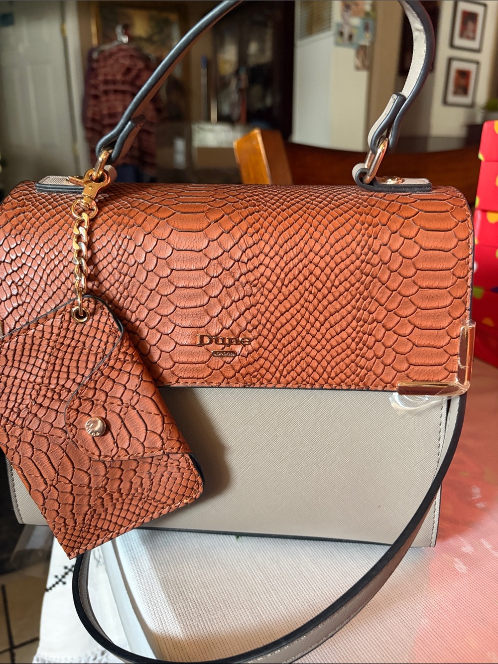 Dune London Tan & Cream Faux-Snakeskin Top-Handle Satchel with Card Pouch